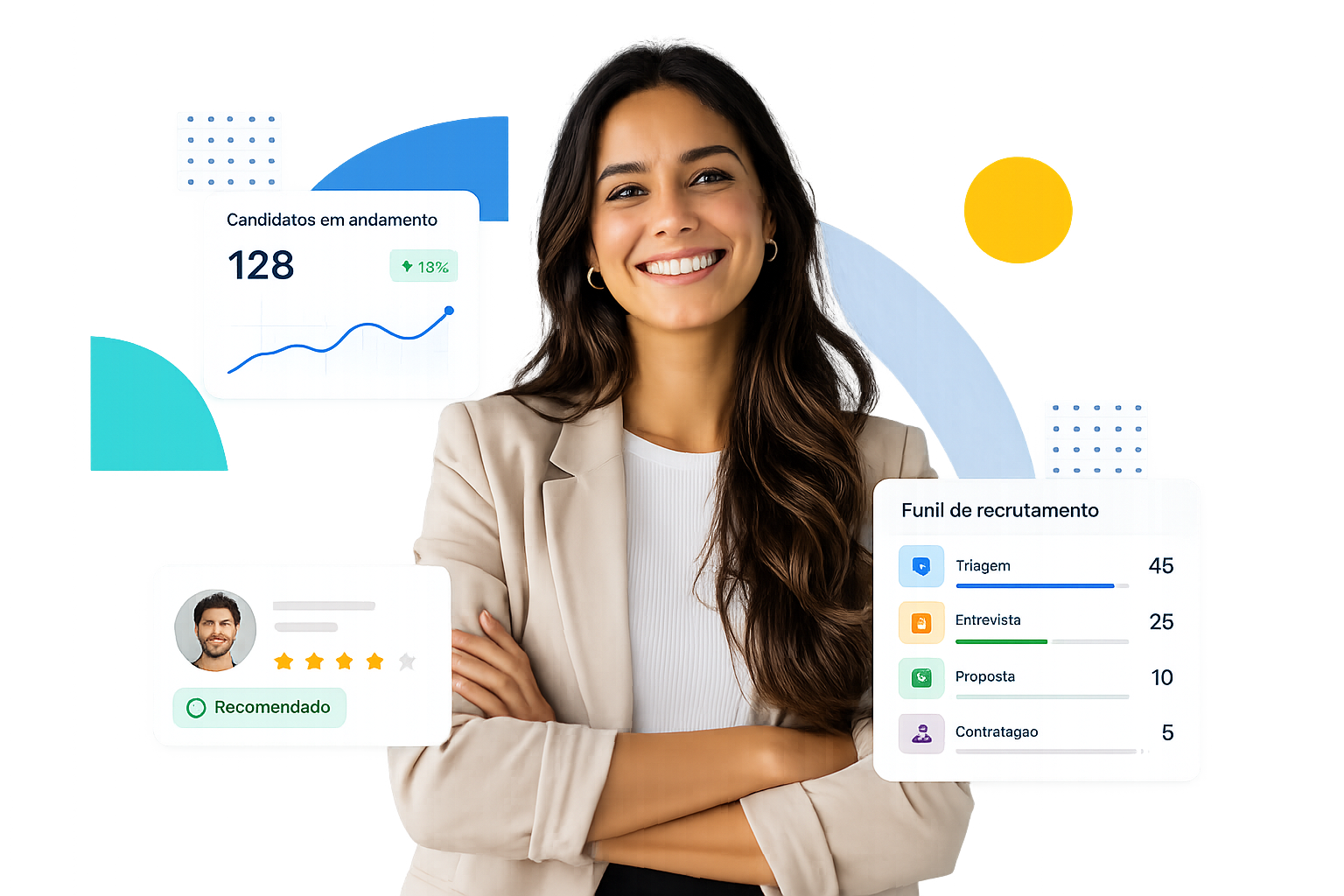 Profissional de RH com painéis da plataforma InPerson: candidatos em andamento, candidato recomendado e funil de recrutamento